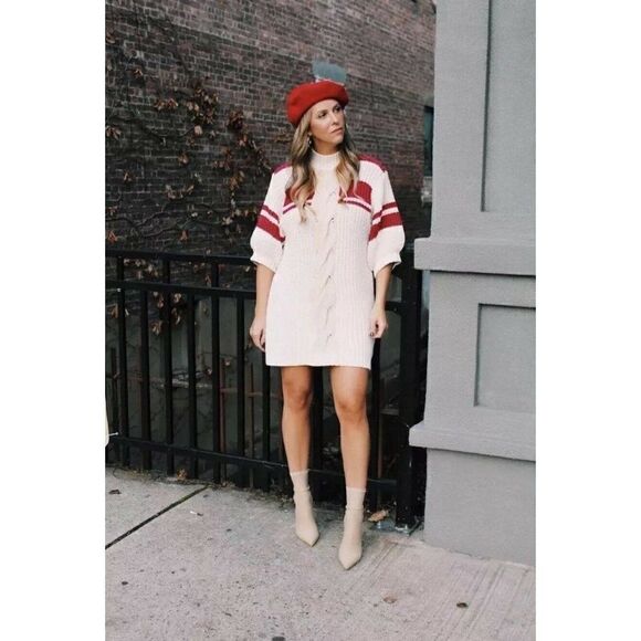 NEW FREE PEOPLE Sz S CENTER TWIST CABLE KNIT MINI SWEATER DRESS IVORY - Picture 3 of 3